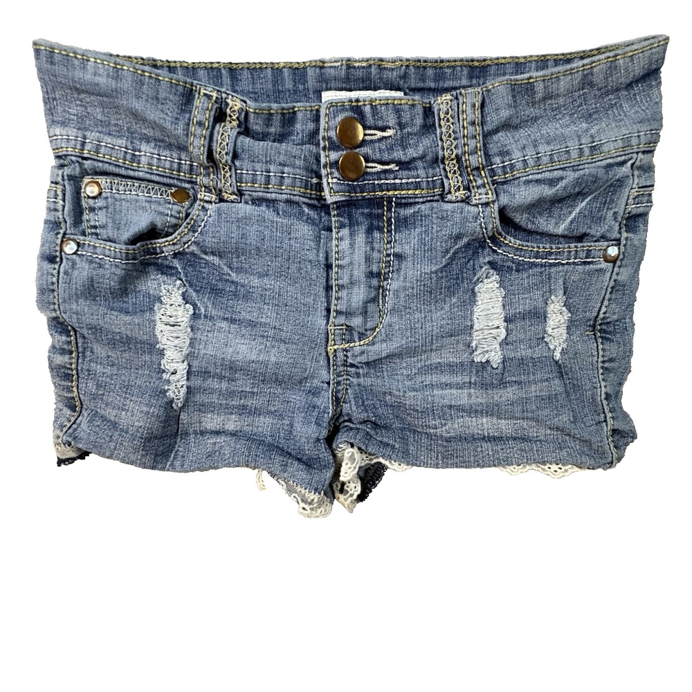 Cato Girls 12 (27x1.75) Blue Distressed Lace Trim Denim Shorts Y2K SEE DESC